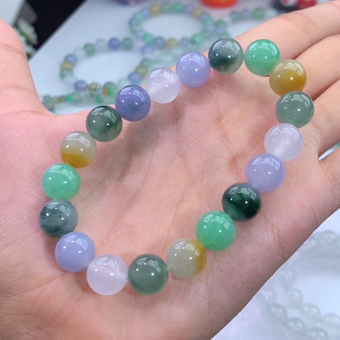 翡翠未镶嵌手链14号 浓郁冰飘花多宝手串