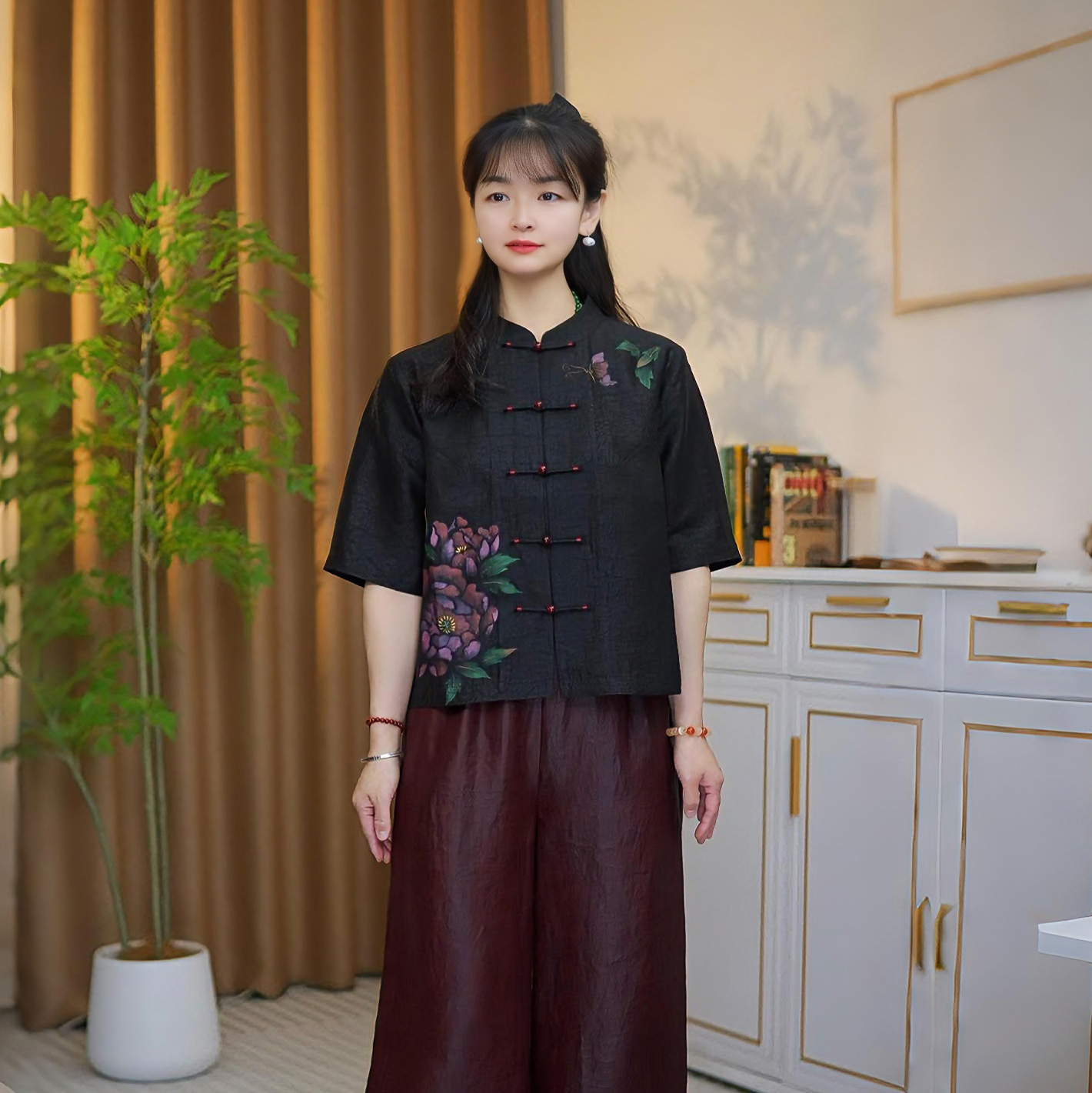香云纱【蝶恋】桑蚕丝龟裂纹新中式复古国风手绘花立领半袖上衣外套
