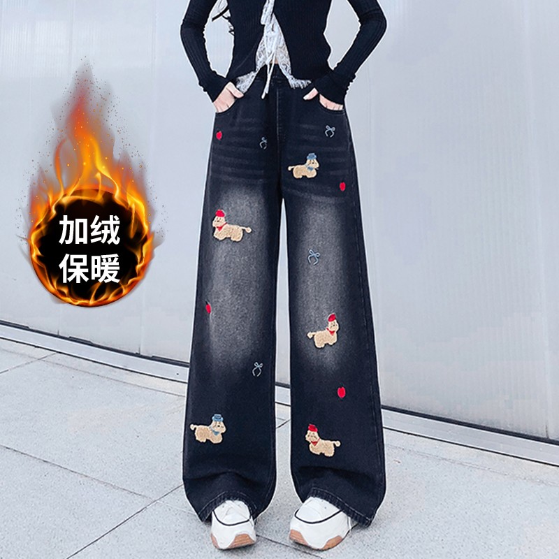 300斤大码女装卡通腊肠狗刺绣加绒牛仔裤女胖mm高腰加厚直筒裤子