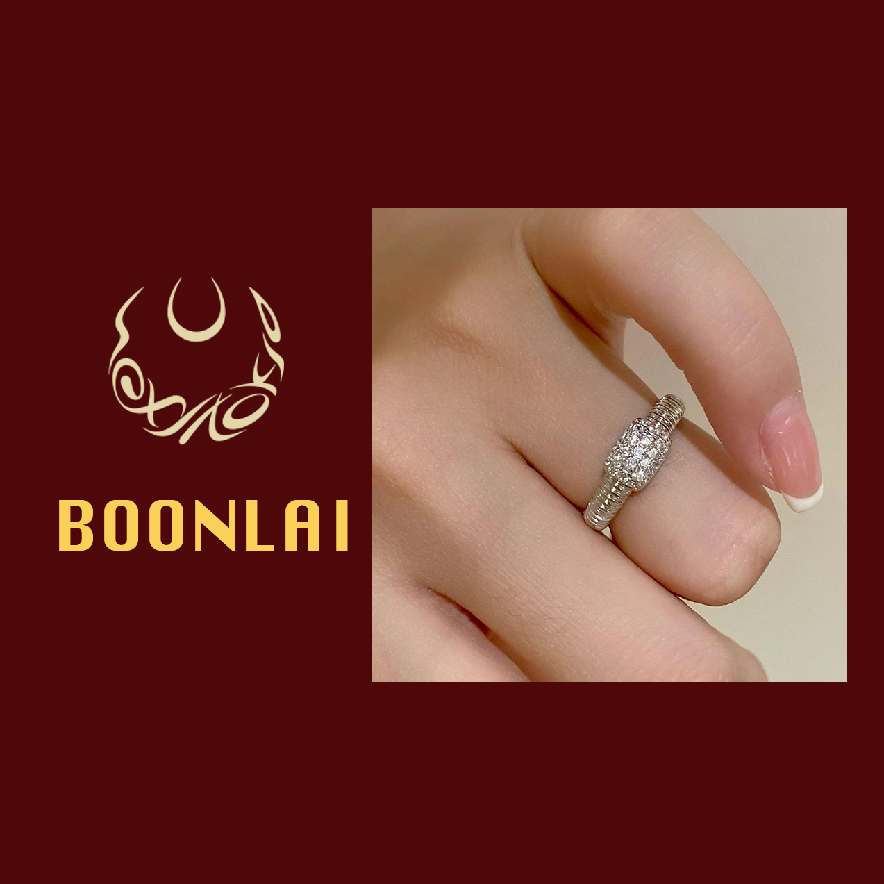 铜合金莫桑石戒指 Boonlai 银色金属拉丝镶钻Y戒指011