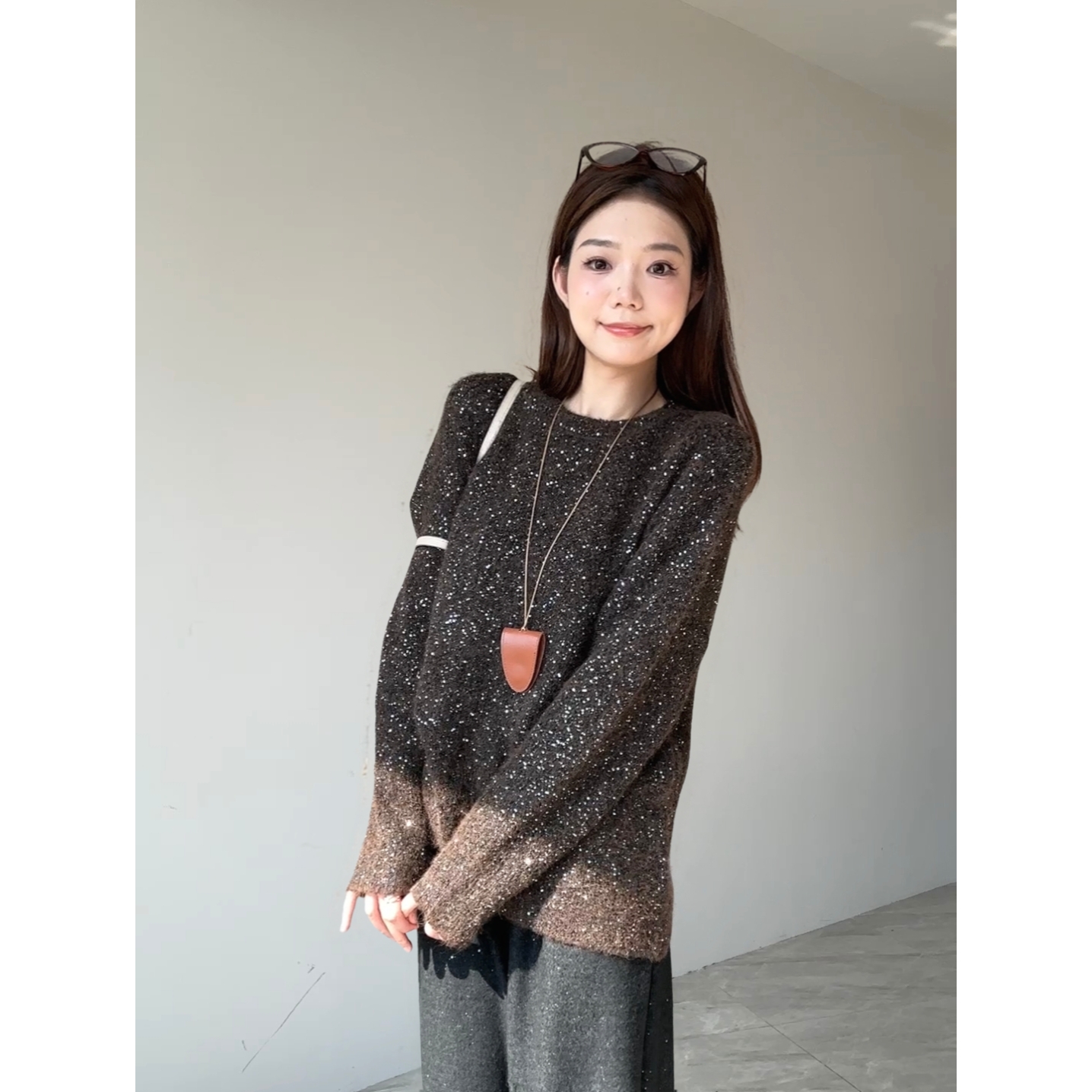 【 许我耀眼】加长高级感珠片针织毛衣宽松套头上衣25484