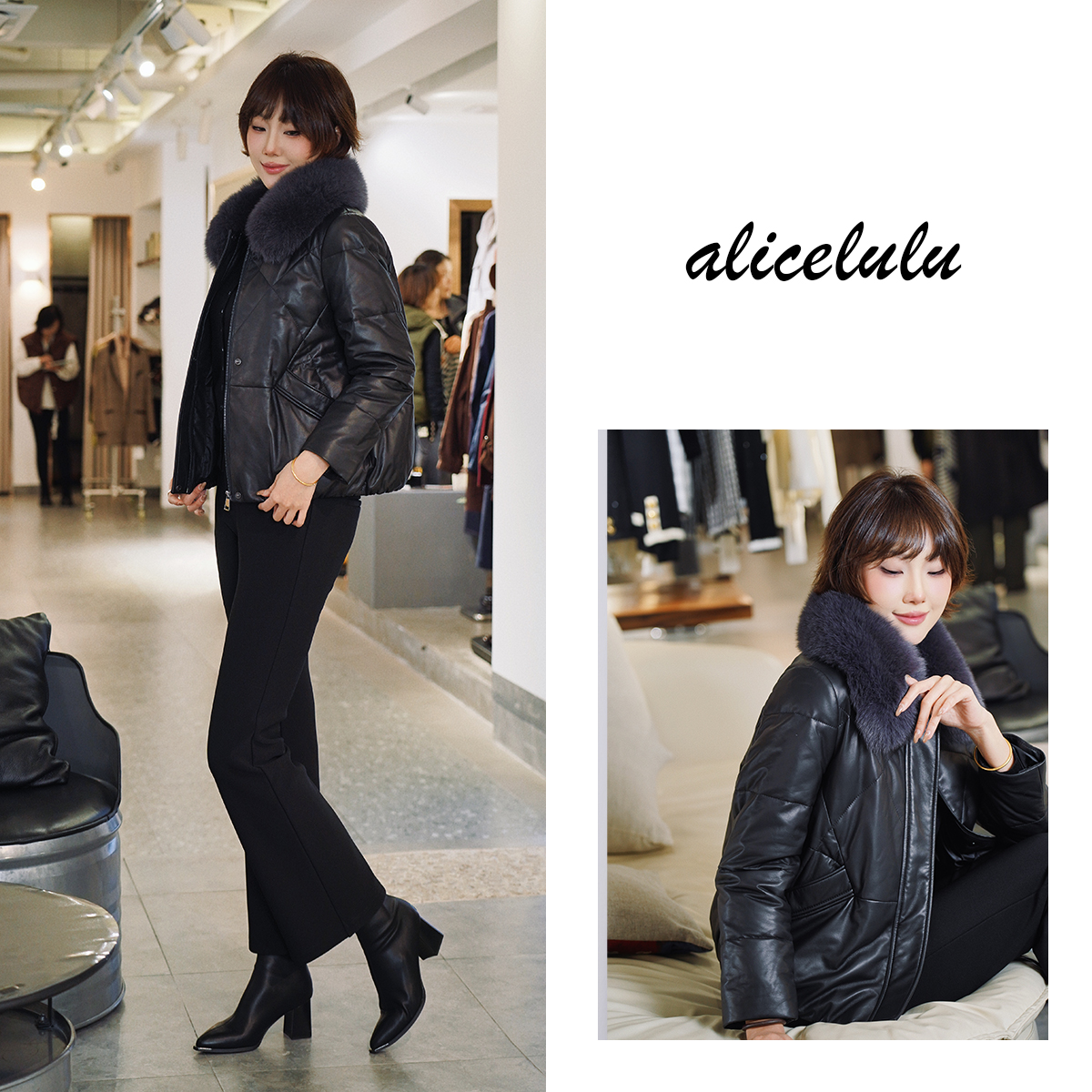 alicelulu 黑曜水晶.奢贵狐狸毛领绵羊皮衣羽绒服S2145576Vr