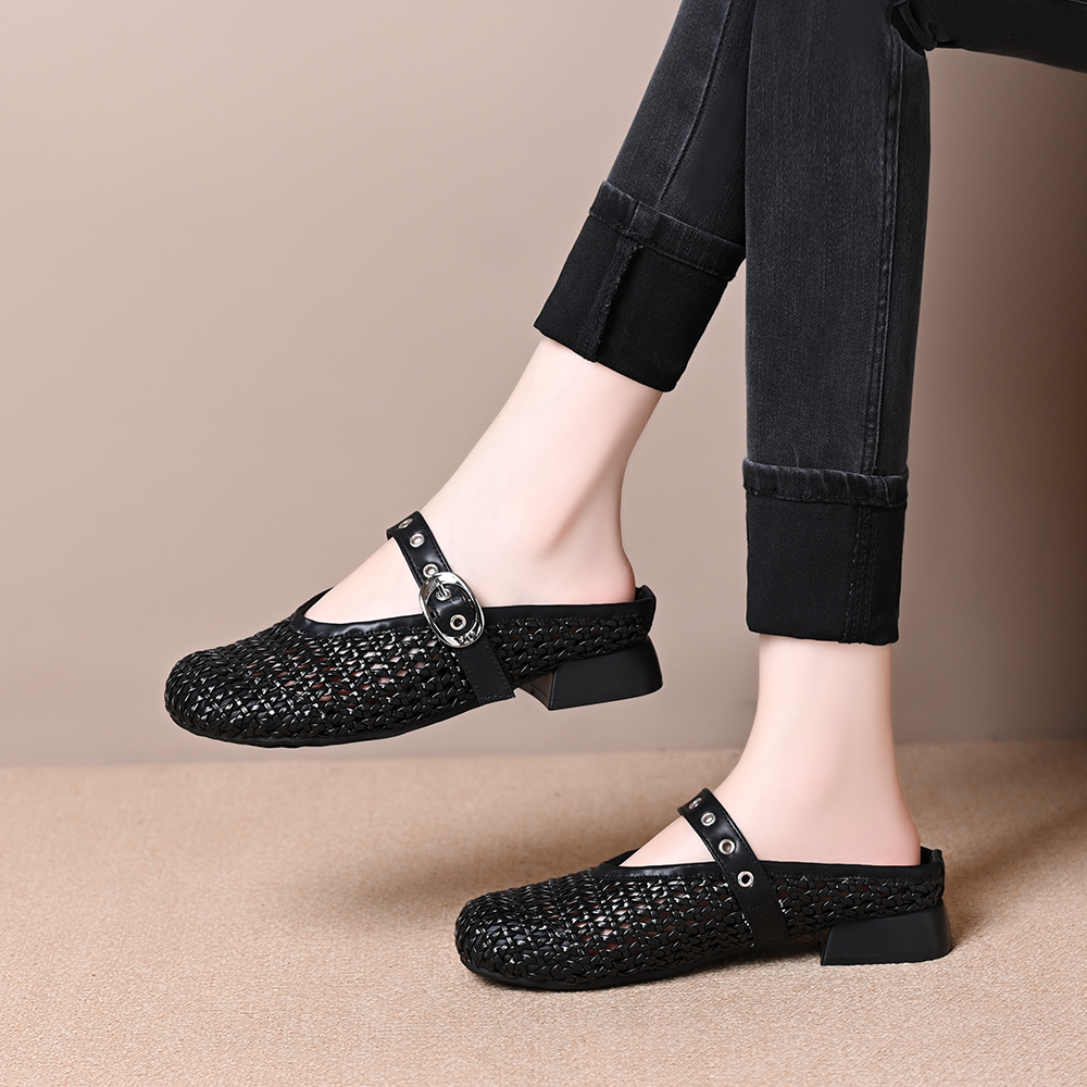 2025夏百搭圆头编织镂空浅口一字带法式外穿包头凉拖鞋半拖洞洞鞋
