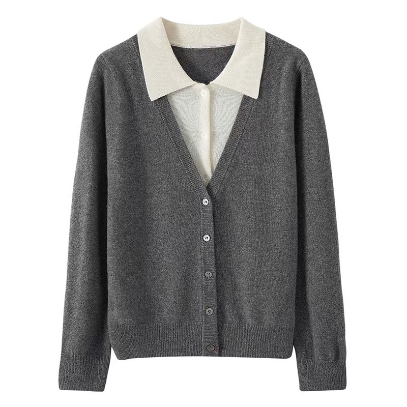 100%山羊绒12针衬衣领假两件开衫