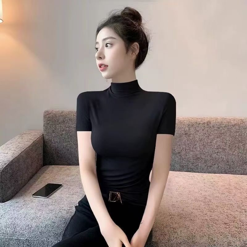 莫代尔短袖t恤女夏半高领修身2025新款中领黑色正肩气质显瘦上衣