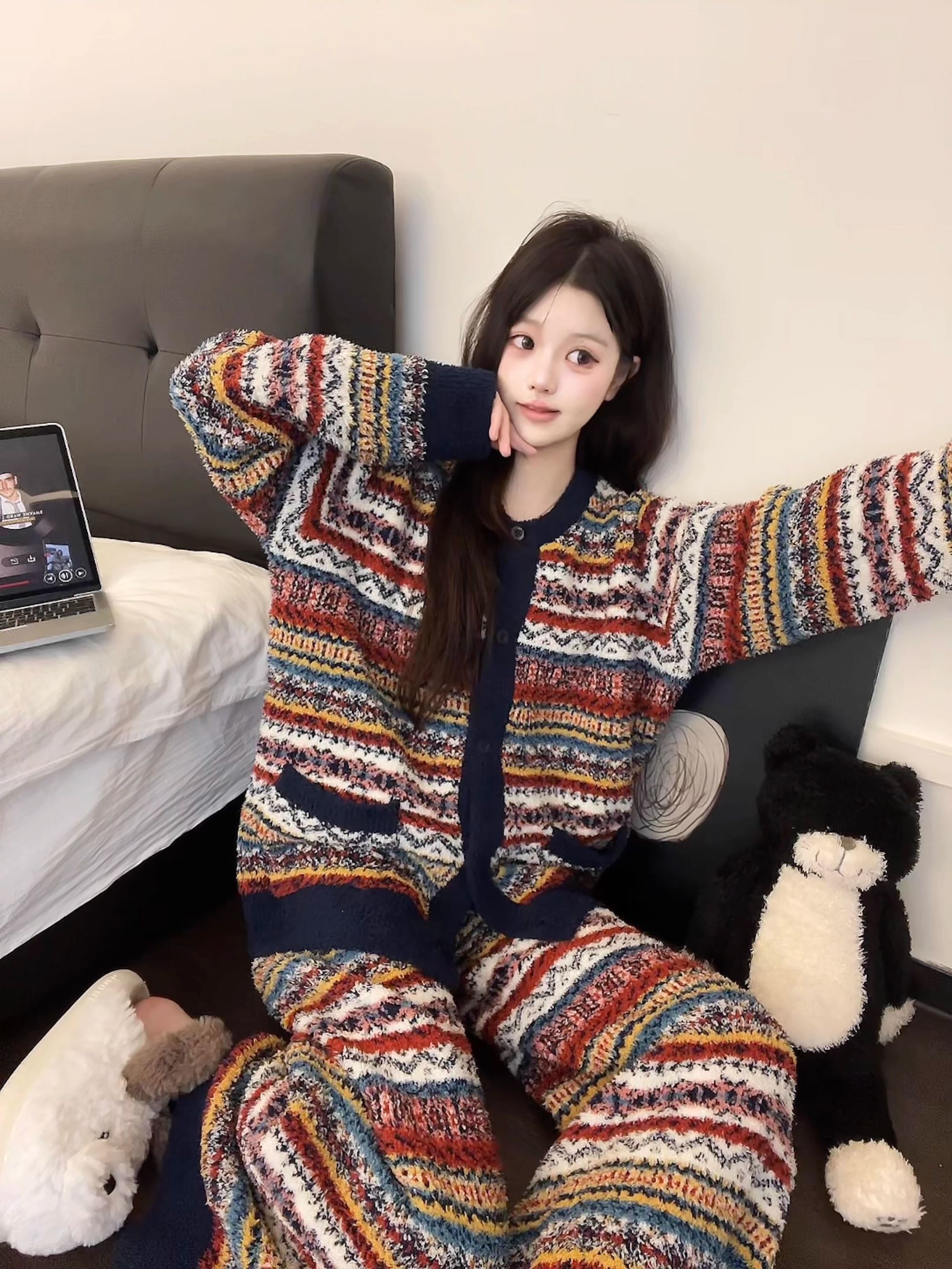 少女复古民族风小众印花针织半边绒睡衣女冬季新款加厚家居服套装