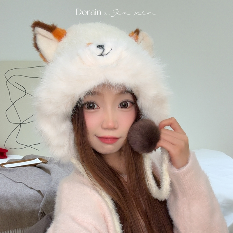 朵澜可爱尼克狐狸毛绒帽子女秋冬加厚加绒护耳户外防寒套头雷锋帽
