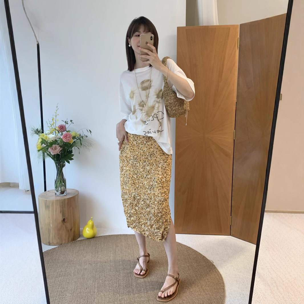 【清仓不退换】南油女装印花立体褶皱半身裙豹纹直筒中长裙女