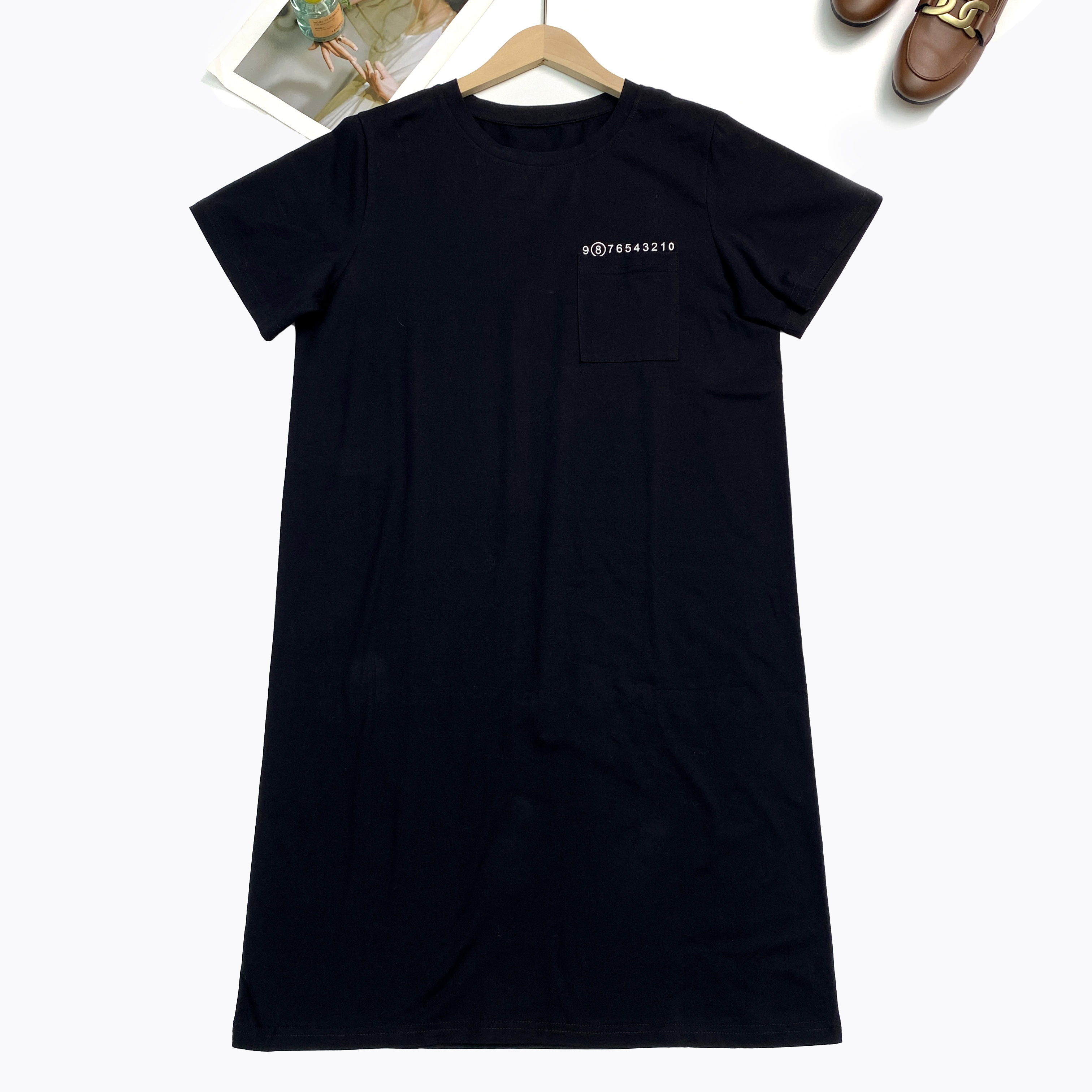 【大婷】夏季韩版连衣裙印花中长款休闲短袖黑色时尚圆领长裙8823#