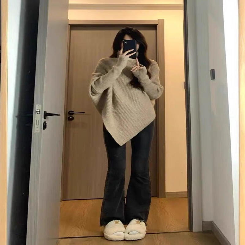 不规则高领毛衣女2025秋冬季新款温柔韩系慵懒风加厚针织上衣