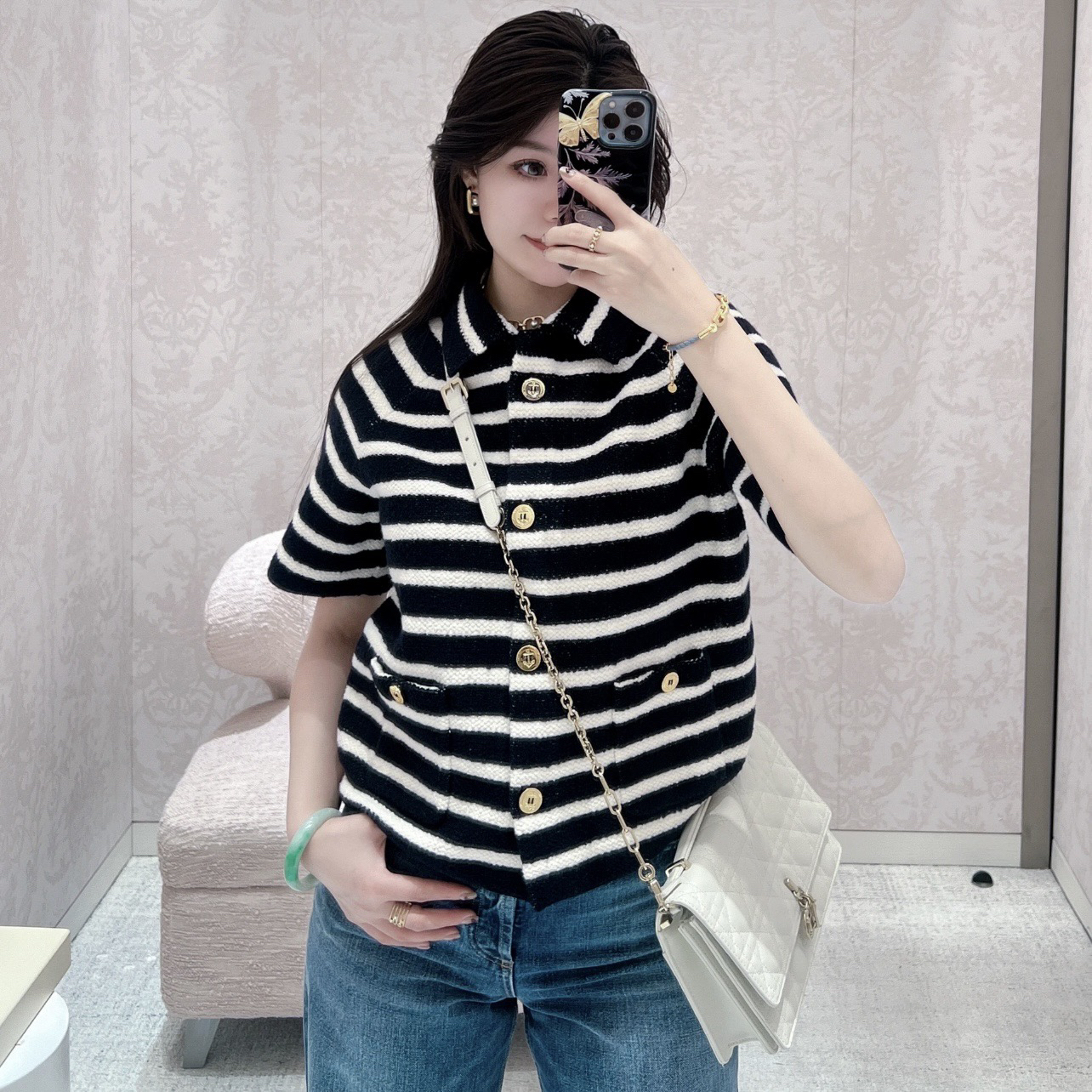 99新 DIOR/迪奥 tem338 条纹翻领船锚单排扣短袖衬衣 34码 棉