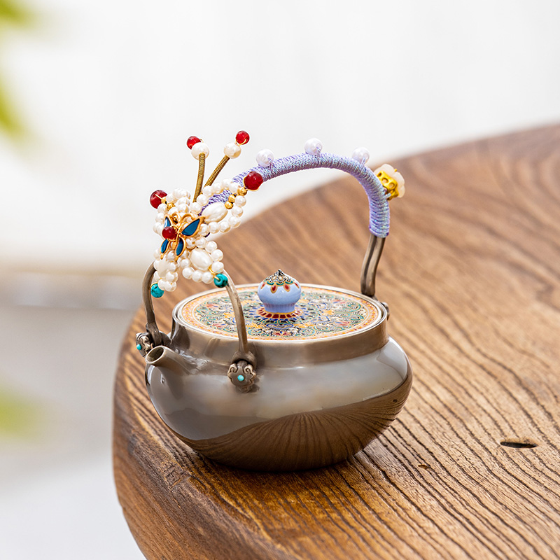 蜂鸟工坊 茶家 飘蓝瓷盖编织蝴蝶瓷盖紫皮提梁银泡茶壶 CJZPA1136