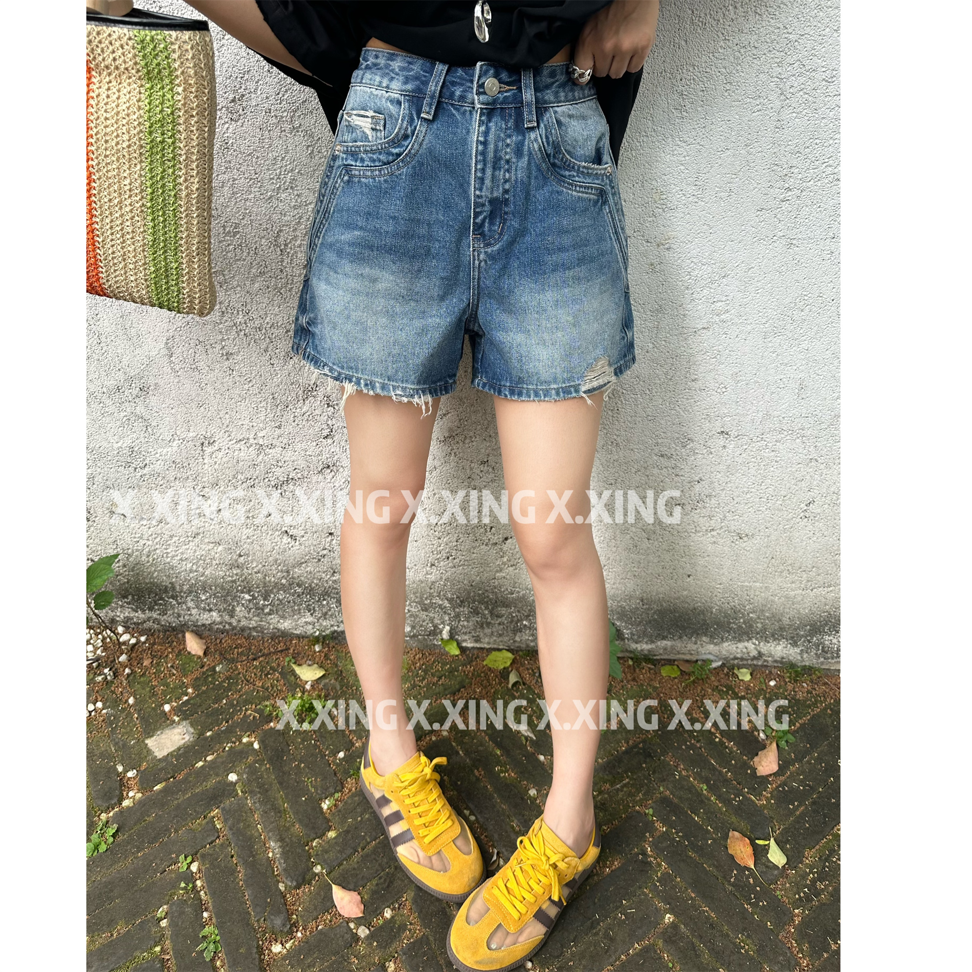 X.x.夏季新款高腰磨破边百搭短裤牛仔裤C31-1158