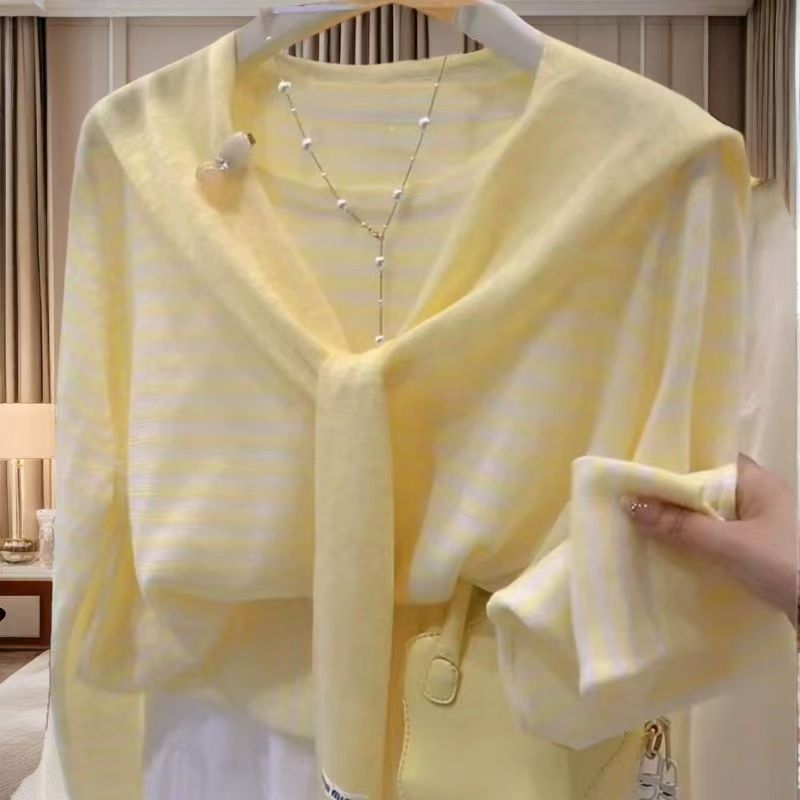 女纯间色条纹防晒毛针织衫时尚女装针织秋季拼接毛衣开衫长袖韩版