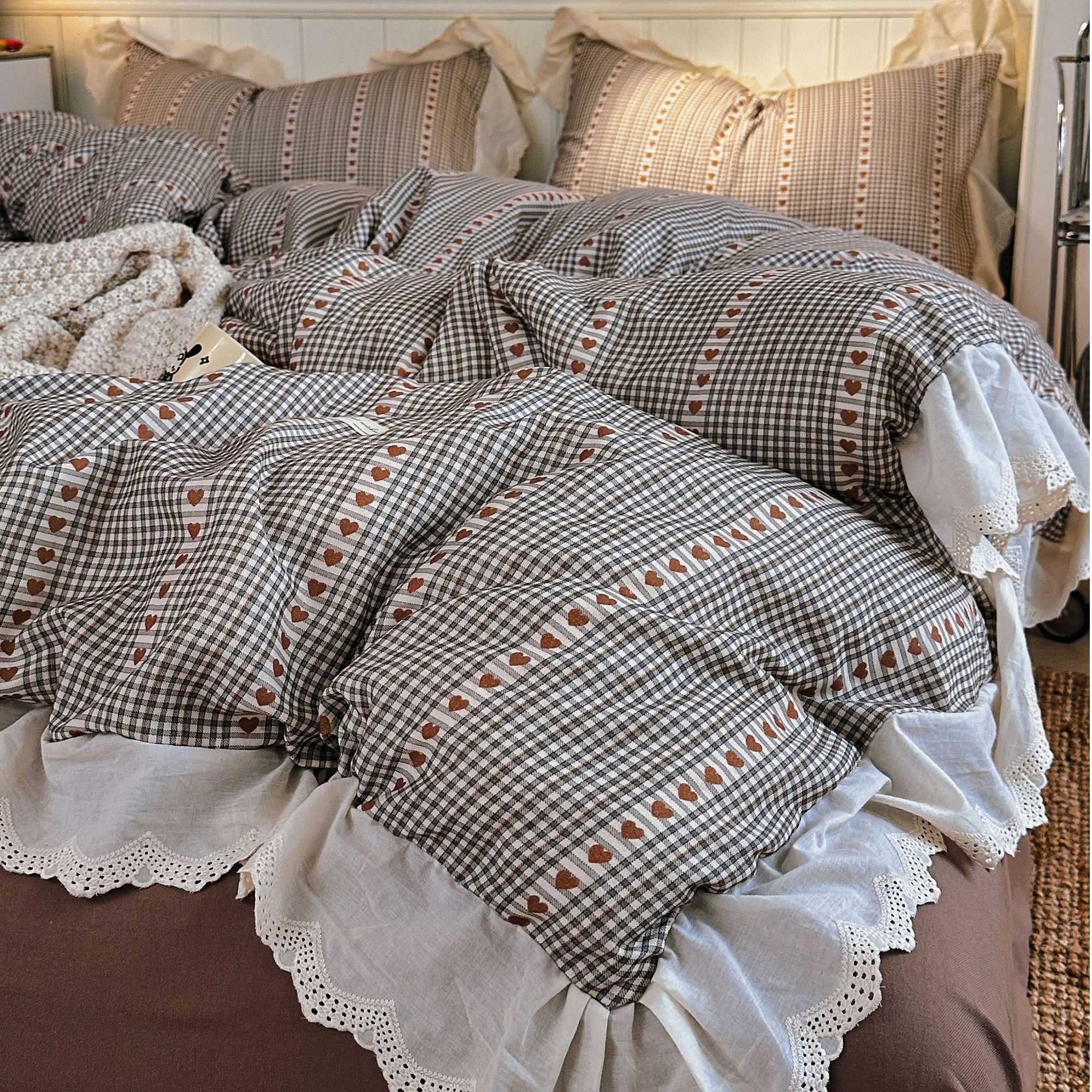 美玲 2025咖色爱心全棉花边双层系列纱花边三件套四件套设计