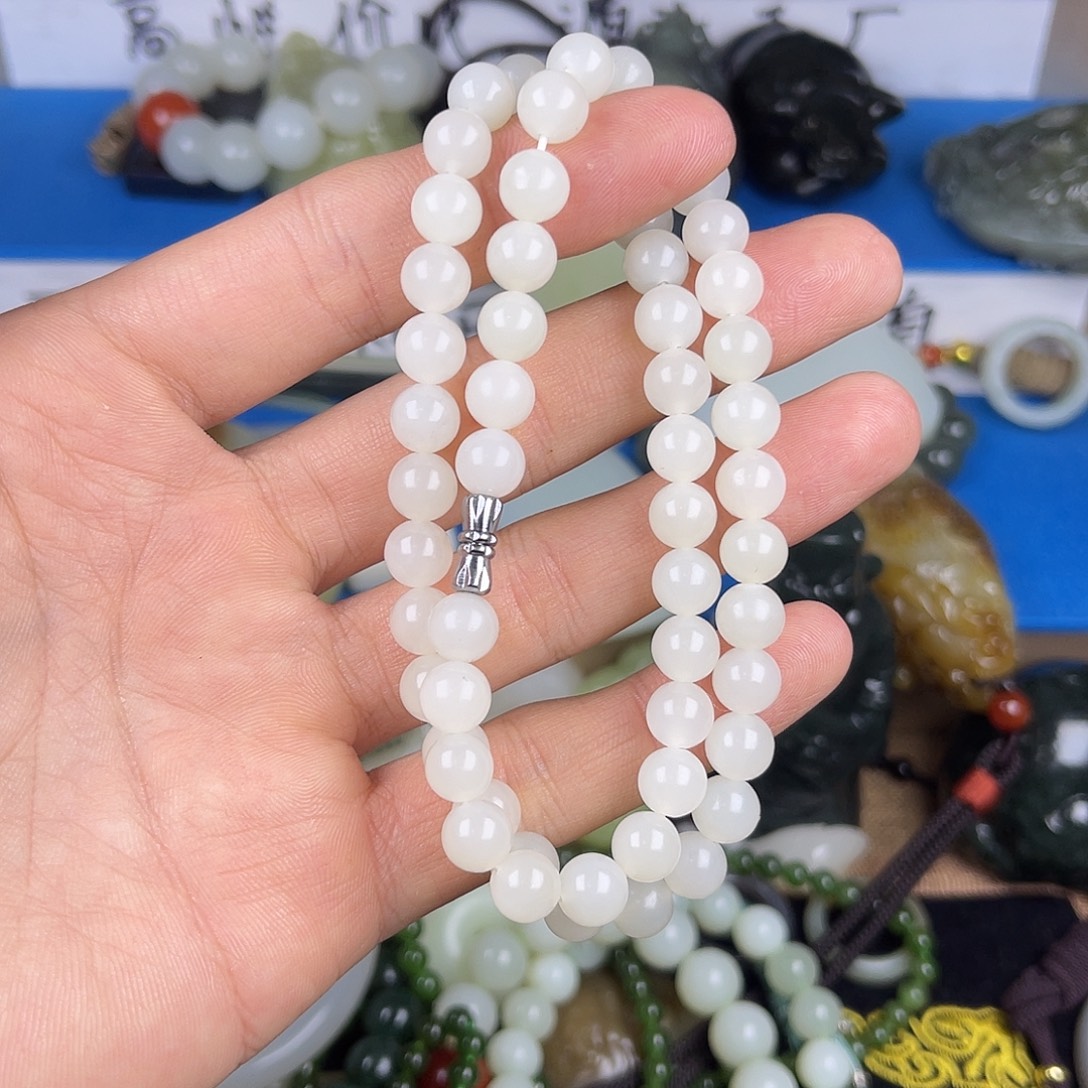 和田玉未镶嵌颈饰于田白玉8毫米妈妈链新疆和田玉