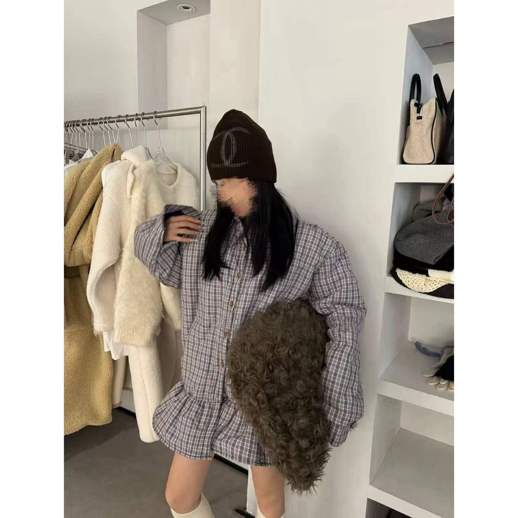 冬季新款小众设计感夹棉格子宽松衬衣式外套
