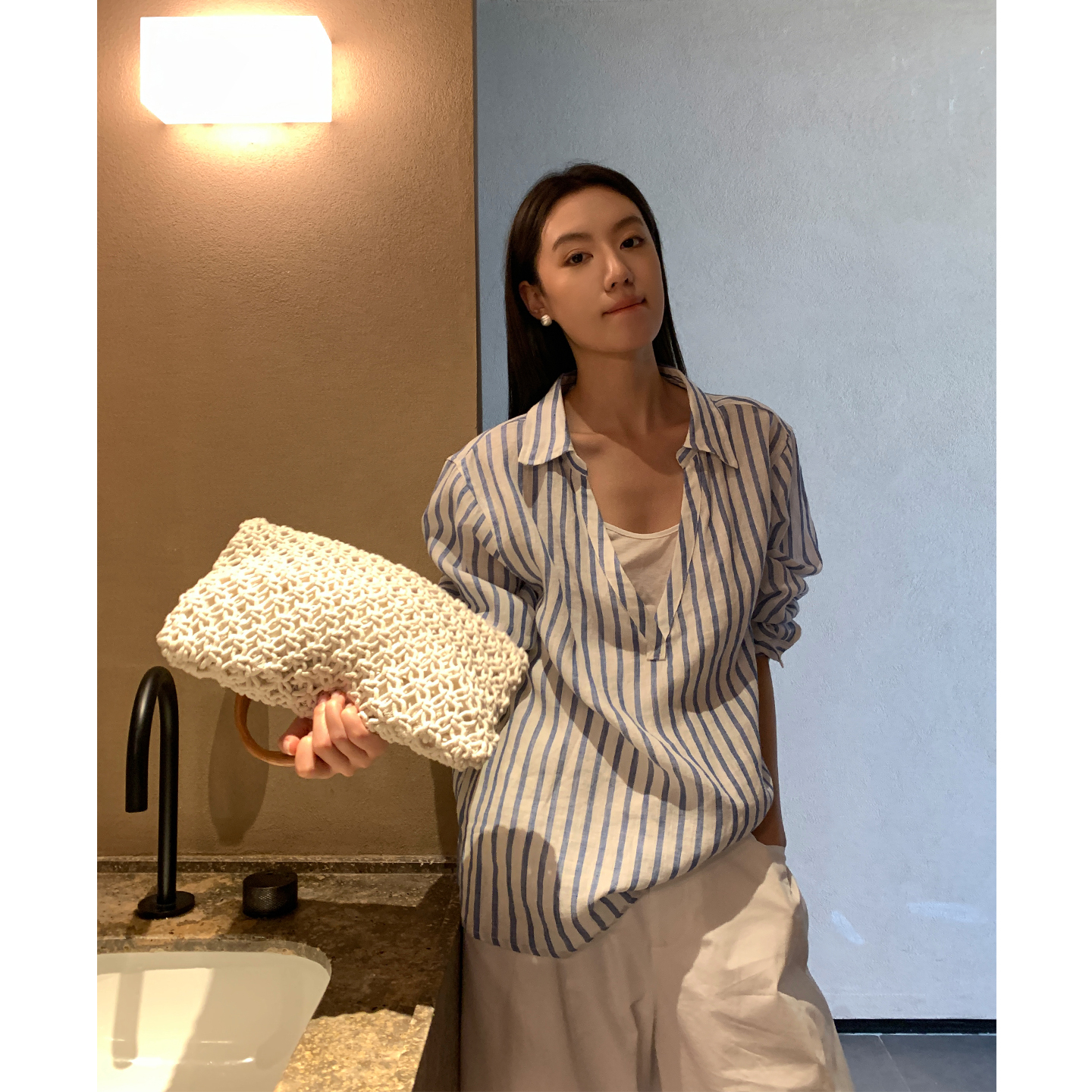 Gakee【蓝白标本】蓝白条纹衬衫女夏季新款长袖v领衬衣 C34654GK52