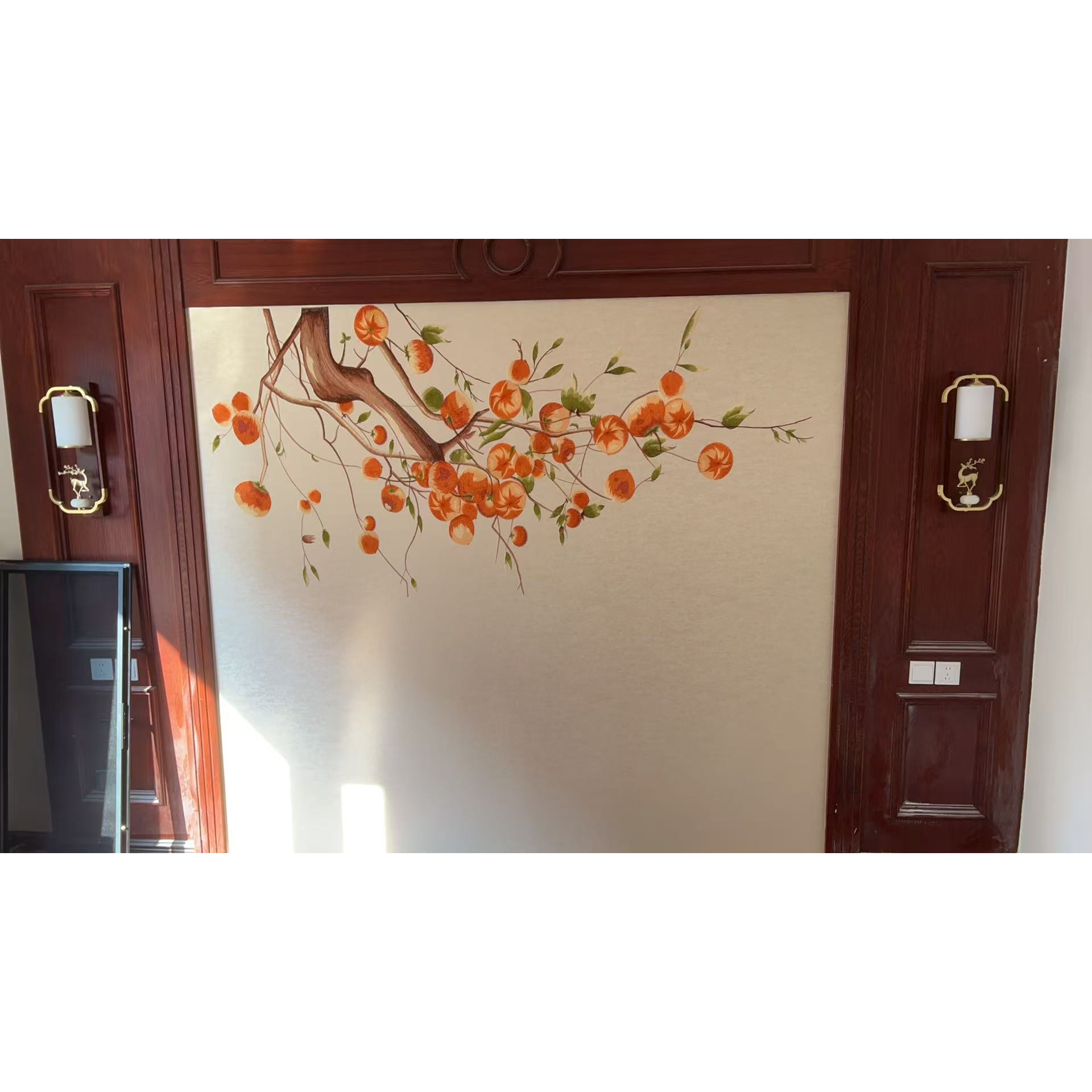 新中式刺绣工艺背景墙花鸟系列黄色柿柿如意背景墙尺寸可定制