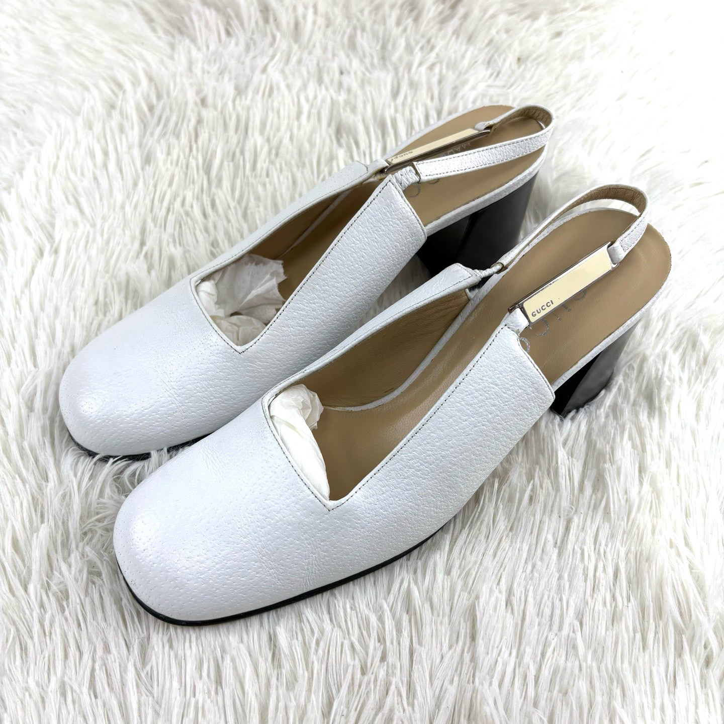 95新 GUCCI/古驰 白色粗跟高跟鞋36.5码