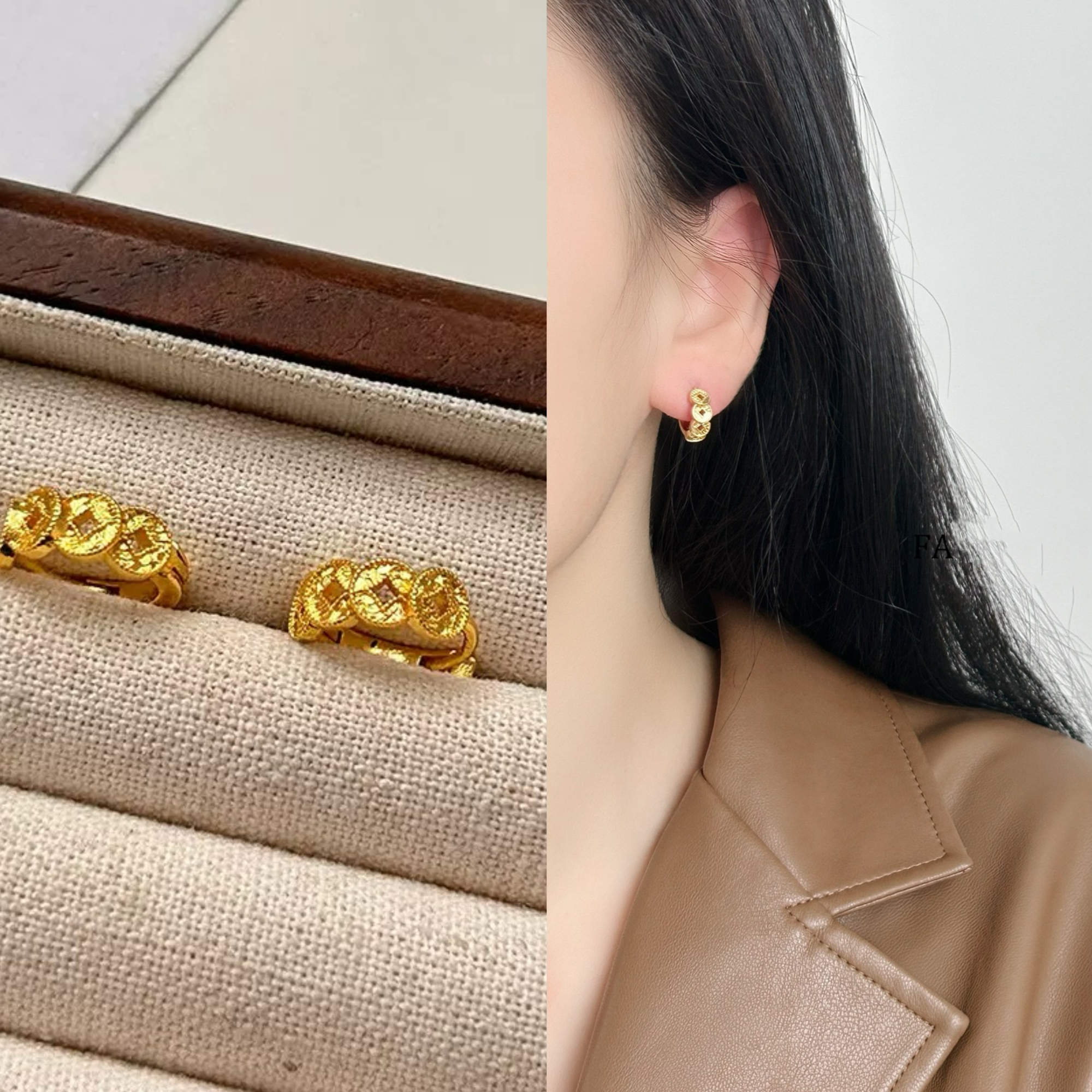 铜合金耳饰 无耳洞「一串铜钱」复古老钱风铜钱气质无痛蚊香盘耳夹