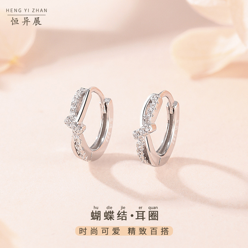 足银耳饰 999足银锆石镶钻蝴蝶结耳环女微镶锆石耳饰镶钻珠宝饰品