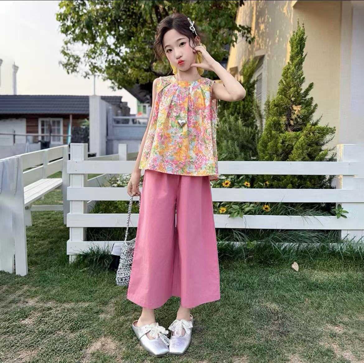 纯色民族风女碎花薄款甜美套装夏季休闲夏装常规女童