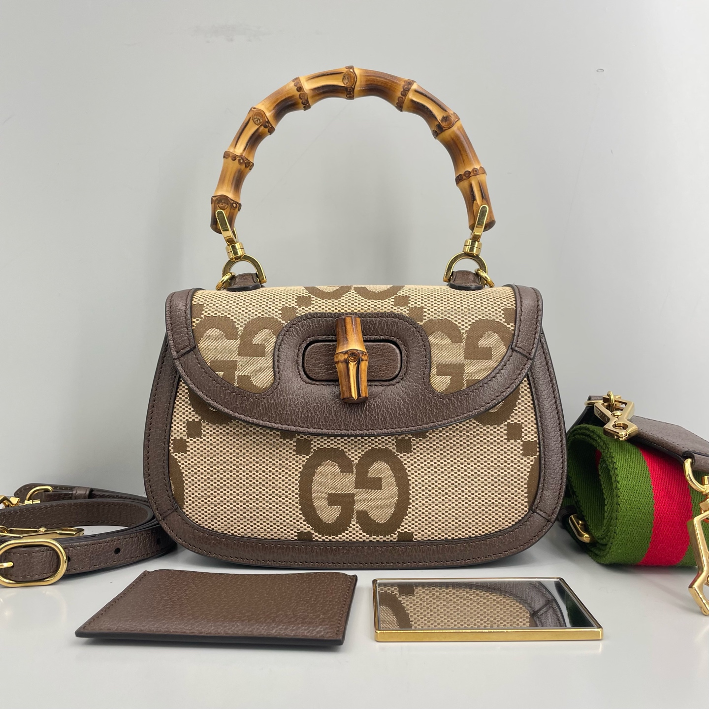 95新 GUCCI/古驰 优选/1947小号棕色老花竹节包黑标036/22×15×8