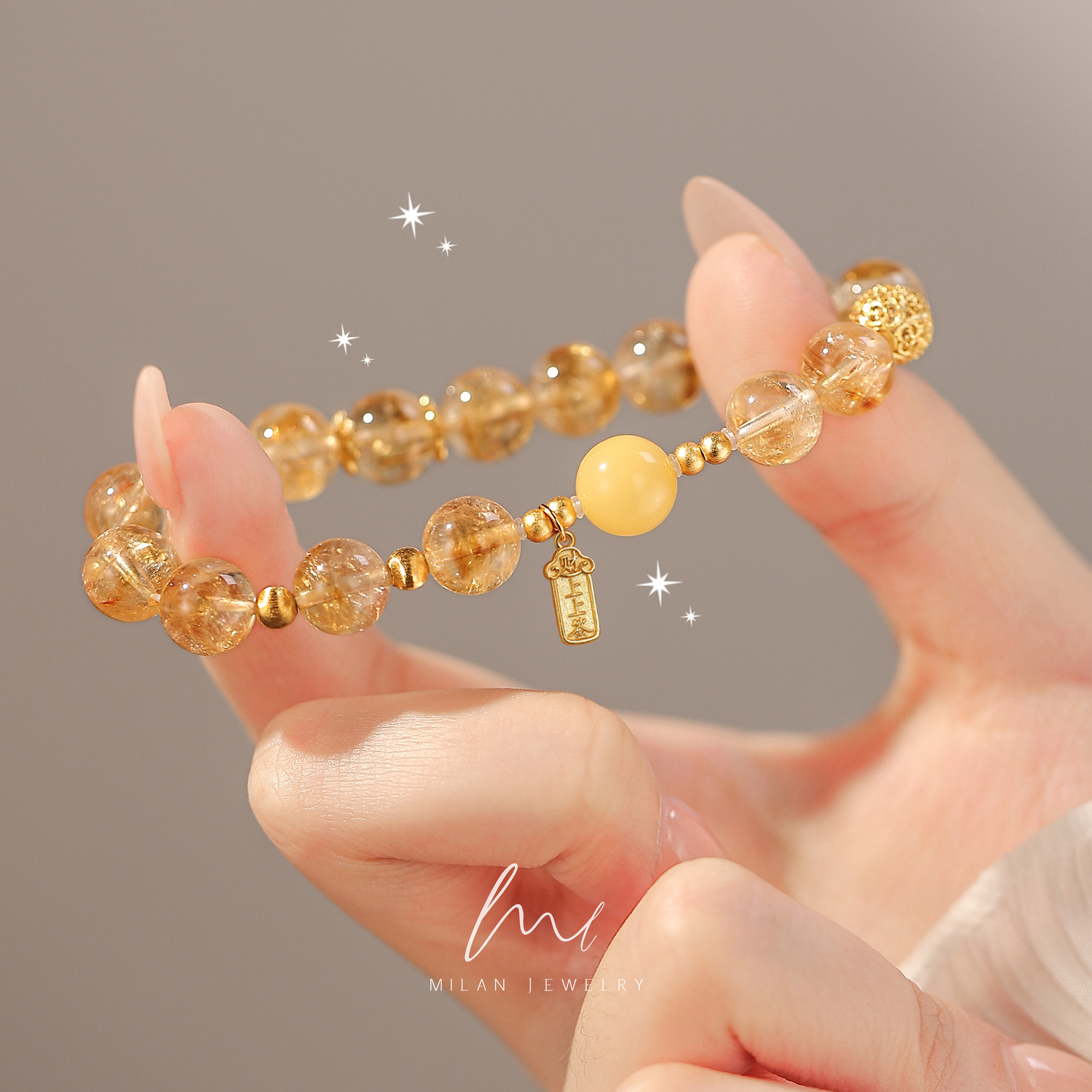 秘蓝/泼天富贵手串/天然黄水晶设计感女款蜜蜡黄塔晶手链生日礼物