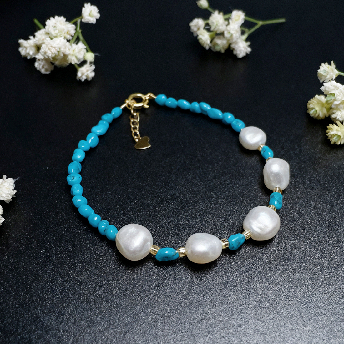 天然绿松石美松高瓷蓝珍珠手链