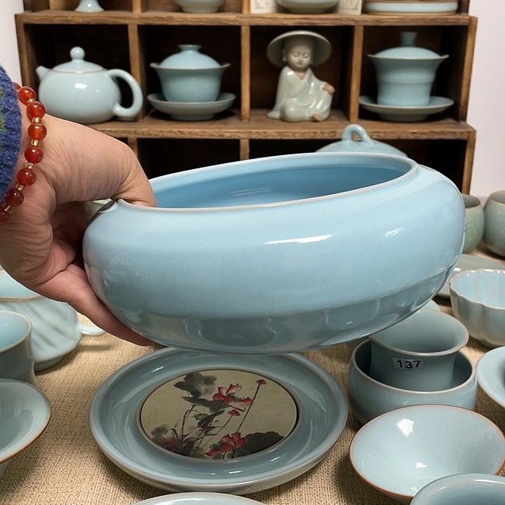 摆件天青大茶洗22.5微微瑕