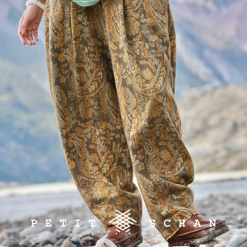 小闪 叶底藏花一度 骆驼绒棉提花面料手工染色休闲裤锥形裤