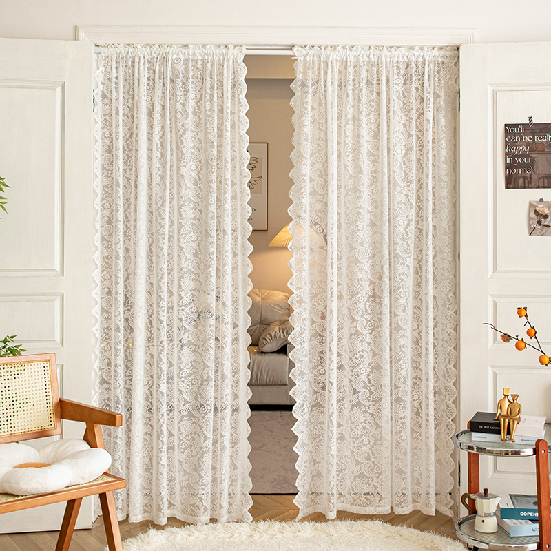 免打孔魔术贴窗帘窗纱帘法式复古白色蕾丝飘窗门帘隐私隔断穿杆帘