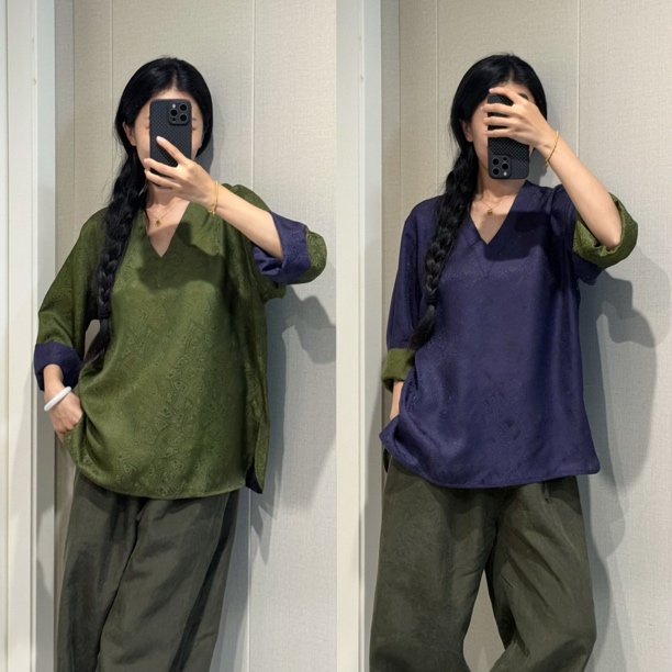 【绿+紫】双面穿V领长袖极简100%桑蚕丝透孔萝70长度120胸围