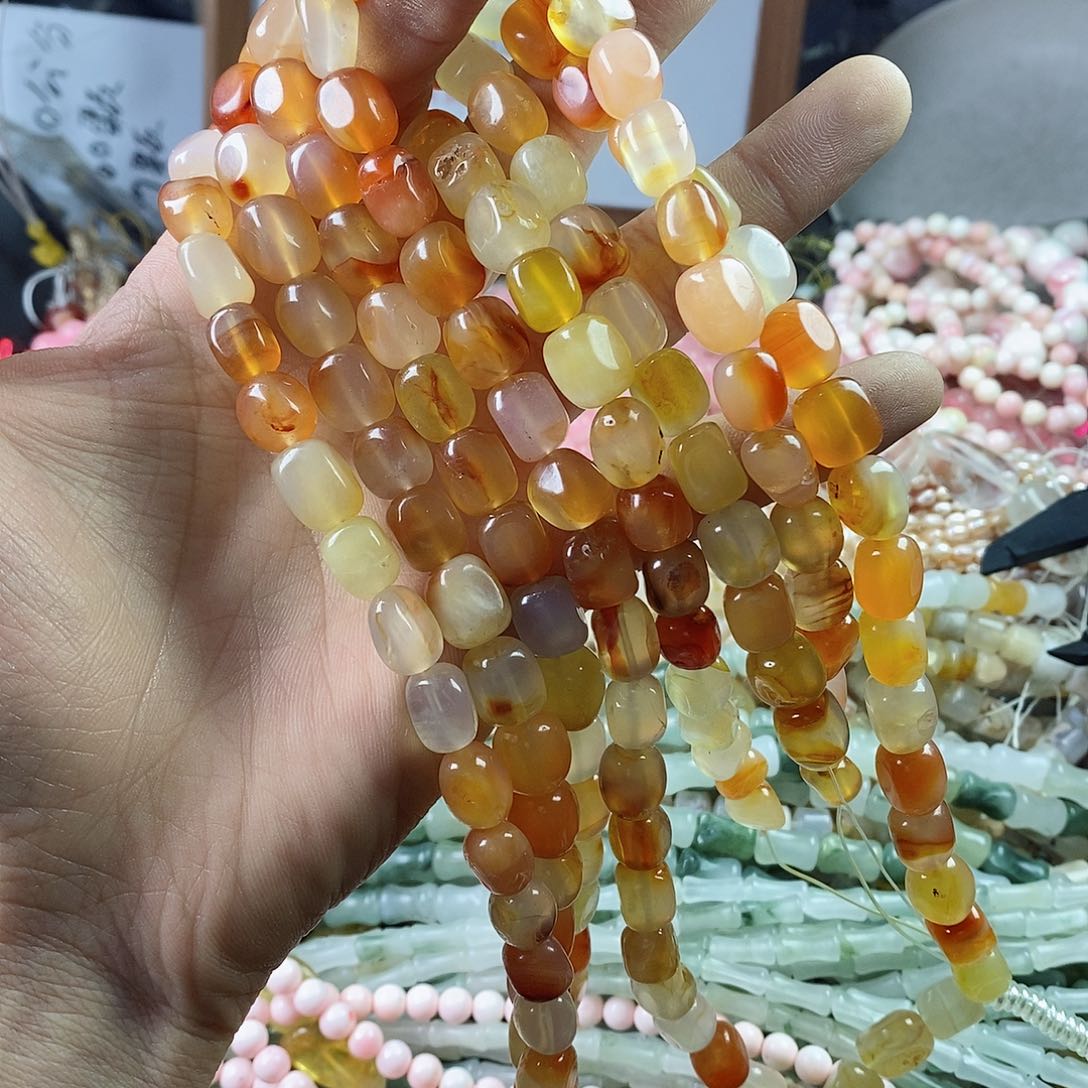 玛瑙/玉髓珠宝半成品合金一条天然橘红冰漂玛瑙糖豆9×10