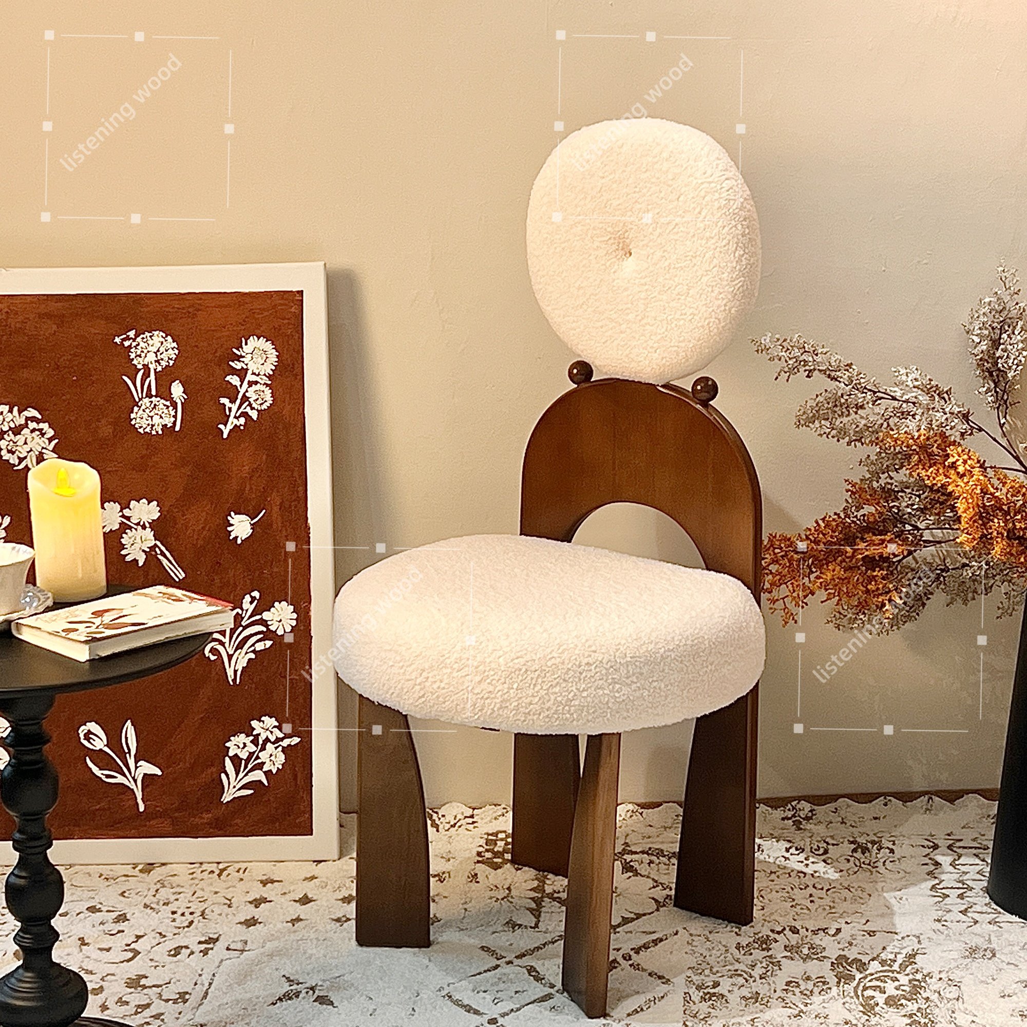 北欧法式奶油风餐椅家用设计师复古化妆椅简约中古实木耳环靠背椅