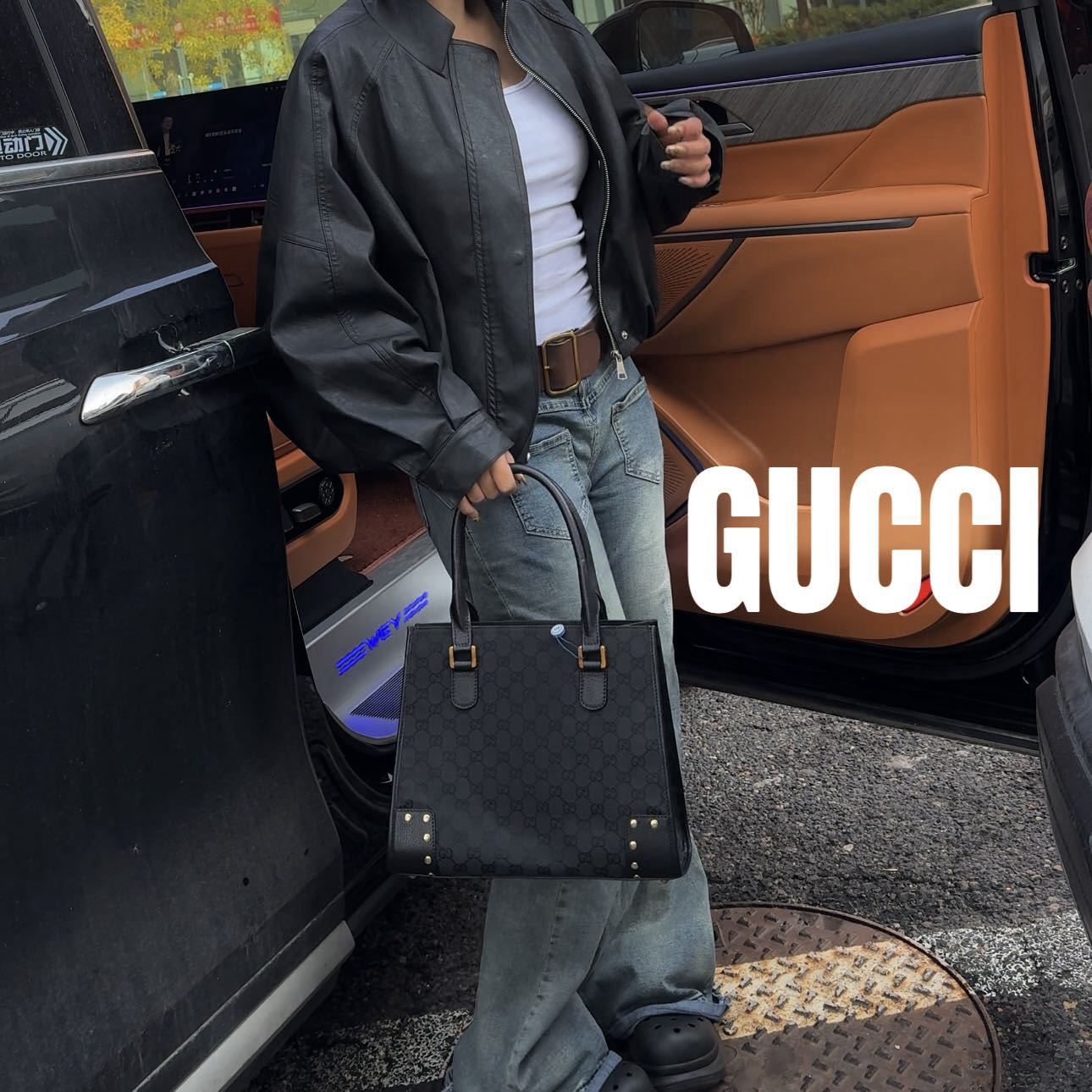 修复品619434/GUCCI/古驰黑金托特包