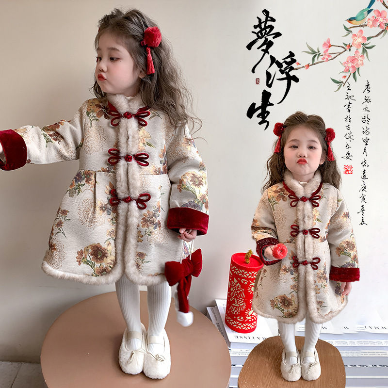 拜年服女童汉服夹棉国风棉服连衣裙儿童过年服宝宝加厚新中式棉衣