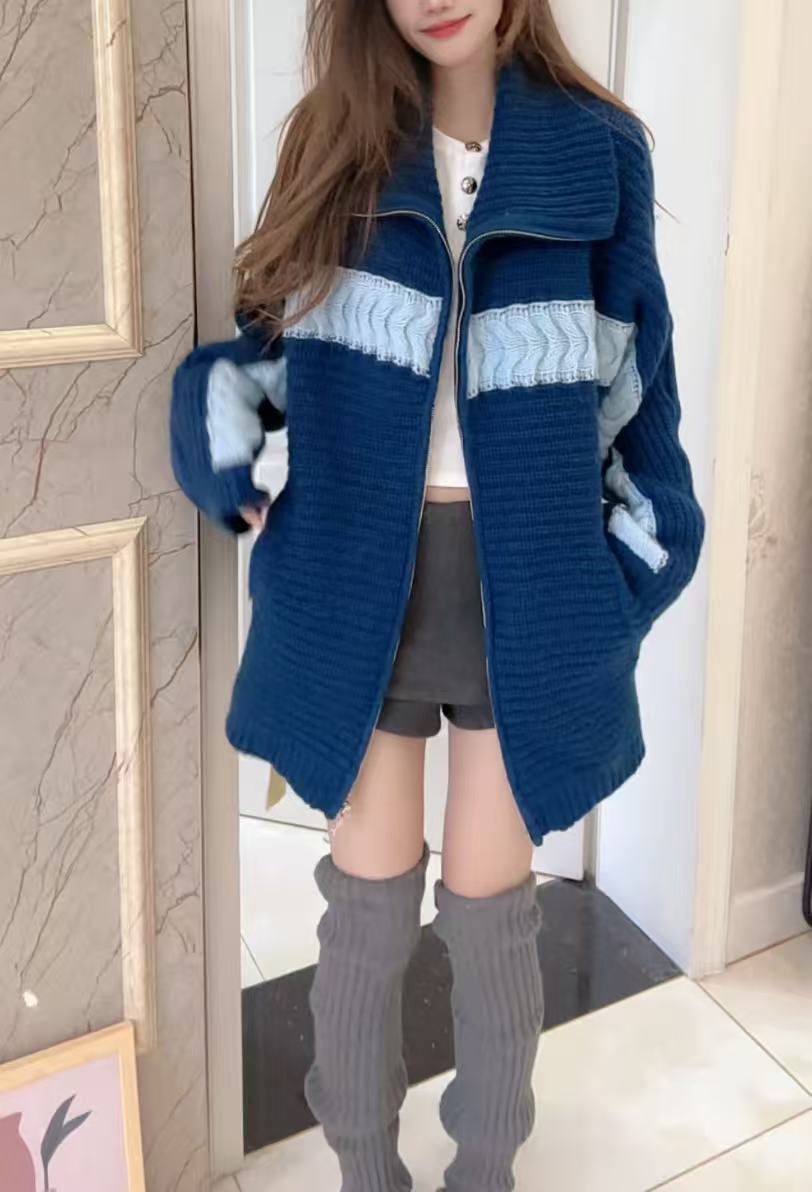 【100山羊绒】轻奢254696-重磅时尚拼色手工绞花粗针翻领针织外套