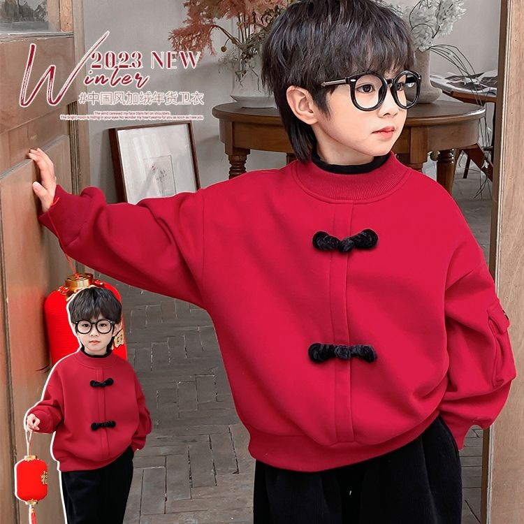 男女童冬季加绒加厚红色中国风连帽卫衣洋气百搭新年服