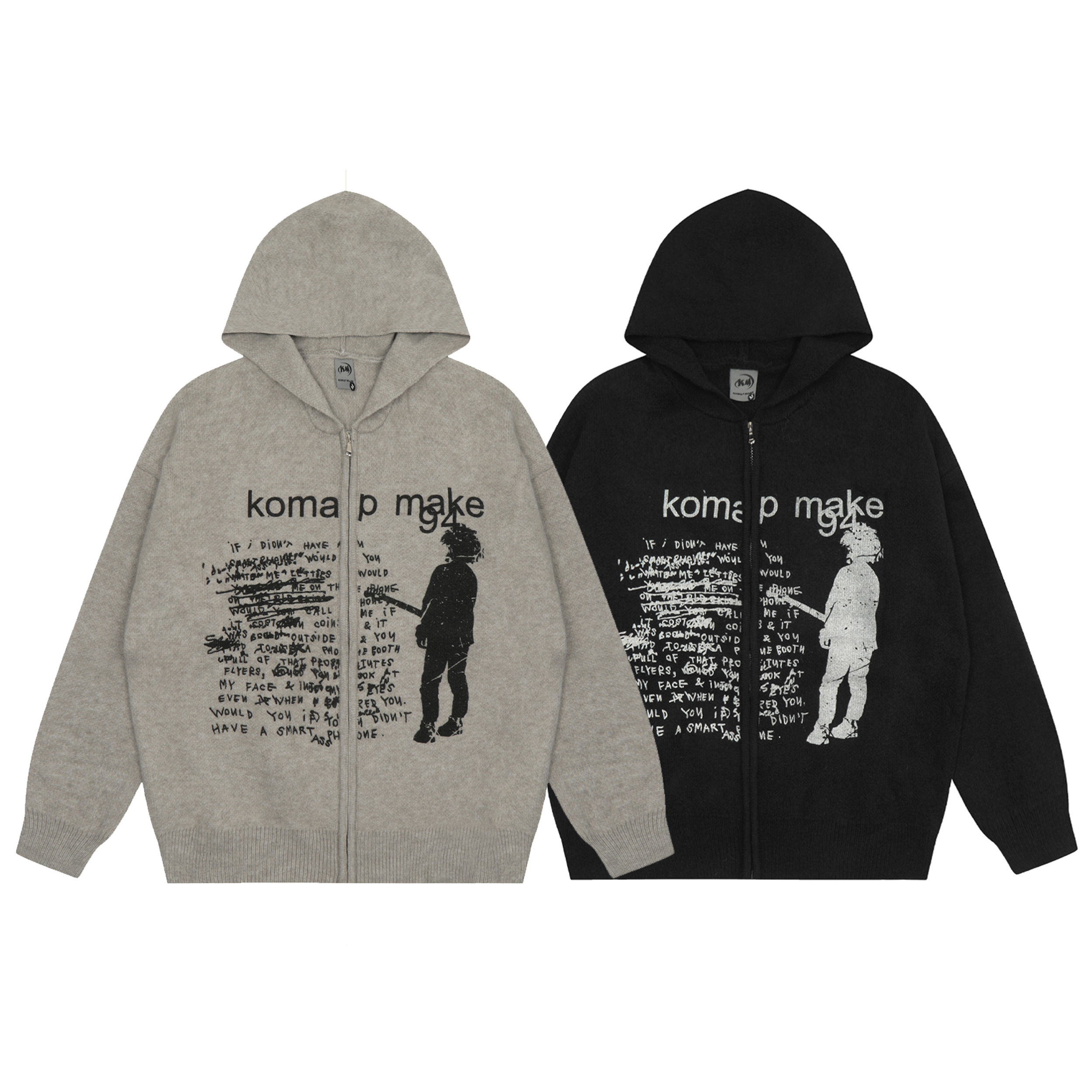 人影字母印花连帽重磅毛衣男秋冬宽松情侣装拉链开衫针织外套