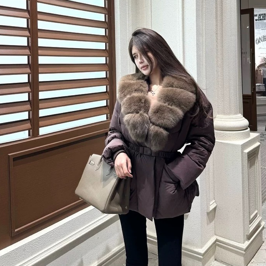 超大狐狸毛领2025新款冬羽绒服女系带收腰真毛领贵气高端皮草外套