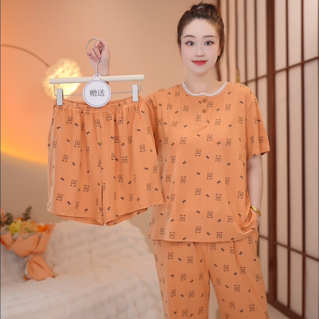 新品【蜜茶小熊～拍一发三】短袖长裤舒适棉质家居服套装可外穿