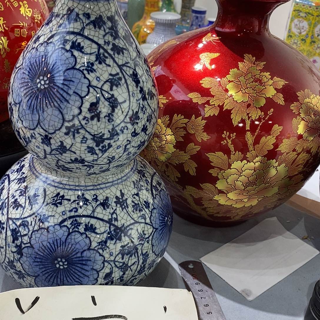 7***梁摆件陶31cm开片青花葫芦+29cm金沙石榴瓶