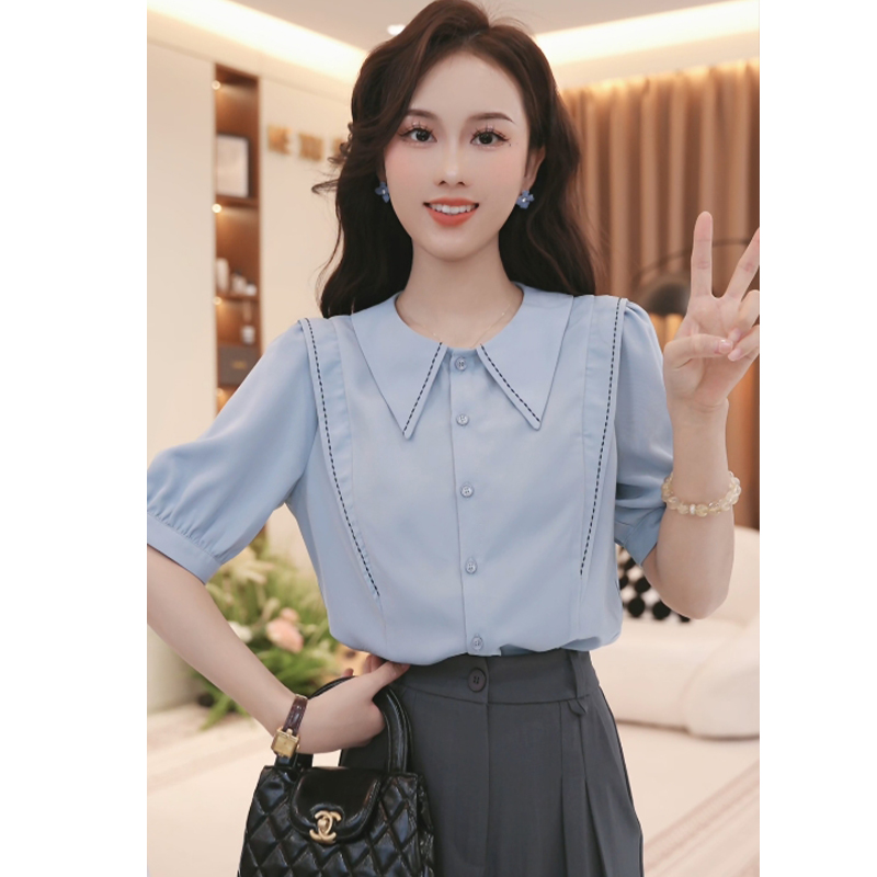 法式温柔甜美拼接翻领短袖衬衫女2025夏季新款洋气上衣TU28488