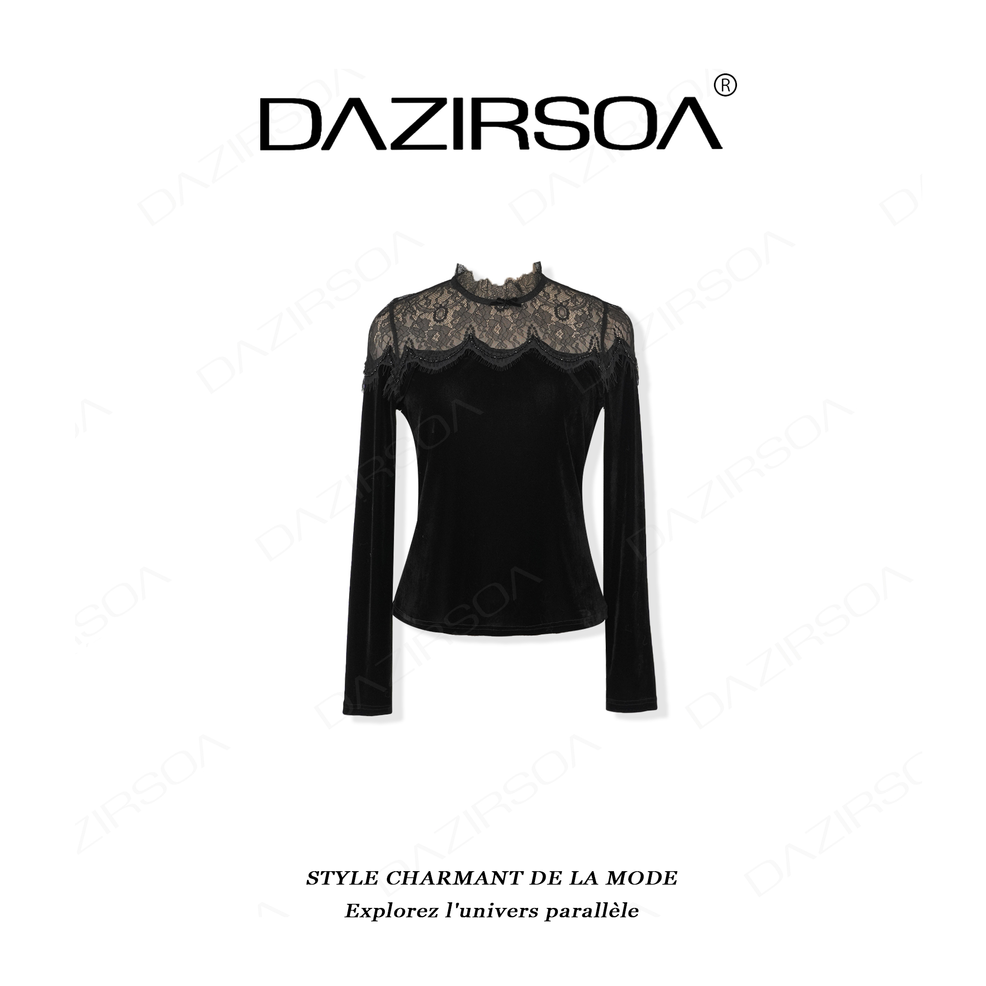 DAZIRSOA/达姿“优雅韵律”时尚百搭蕾丝花边洋气丝绒上衣 AB703