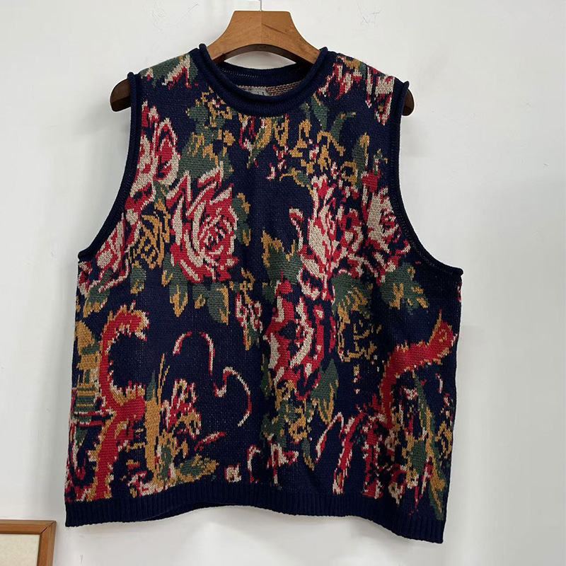 慢变蓝荼 国潮复古东北大花羊毛针织马甲宽松圆领套头背心马夹
