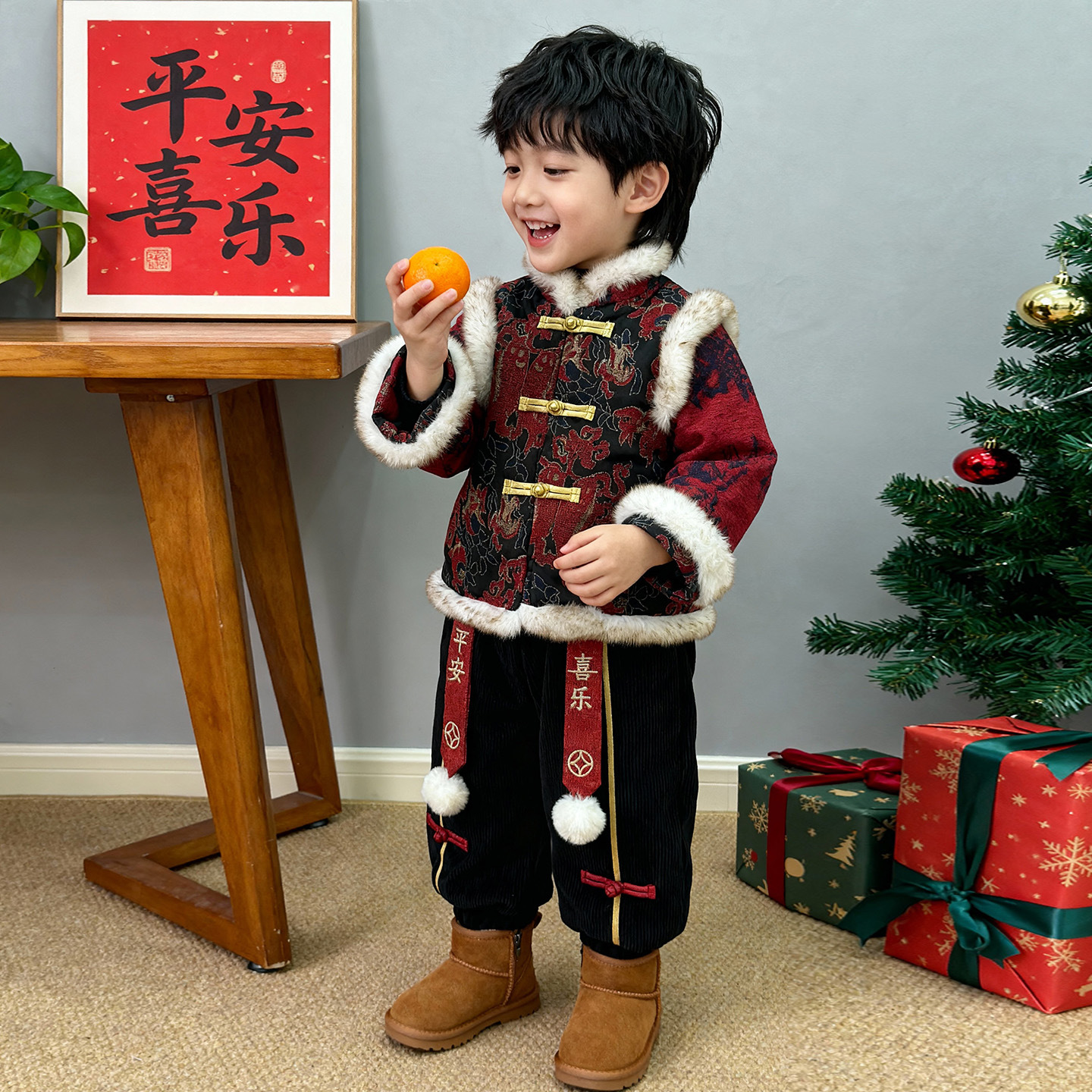 【沫沫家】男女童中国风新款夹棉年年有鱼加绒年服套装冬季古风