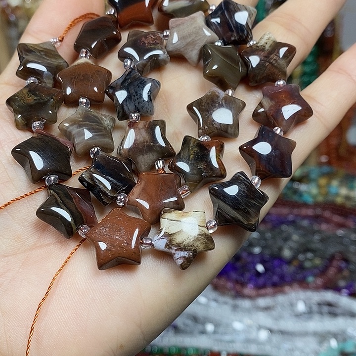 玛瑙/玉髓未镶嵌珠宝半成品天然木化石五角星卡15mm