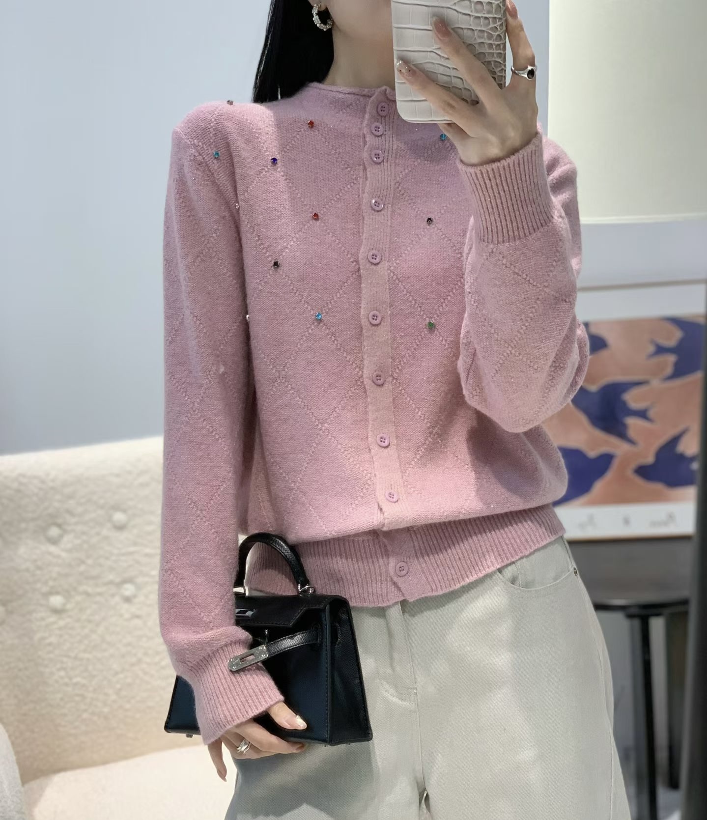 菱形格女圆领法式烫钻高领女毛衣开衫打底衫秋冬提花